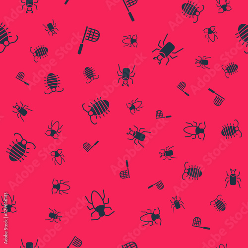 Set Cockroach, Butterfly net, Larva insect and Beetle bug on seamless pattern. Vector
