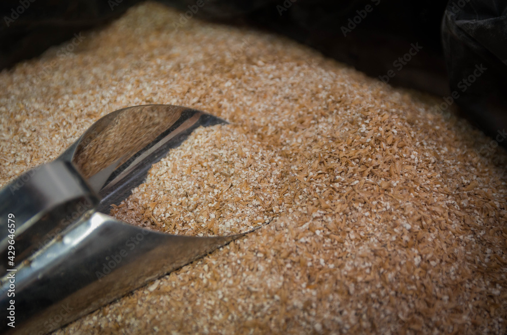 Ladle with of barley malt for beer, pale ale, pilsen. Ladle with of barley malt for beer, pale ale, pilsen.