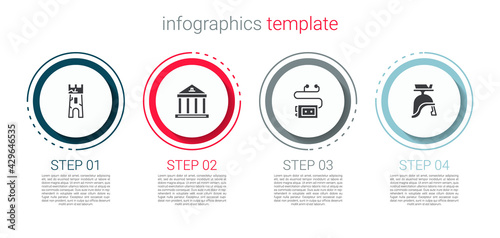 Set Castle tower, Museum building, audio guide and Roman army helmet. Business infographic template. Vector
