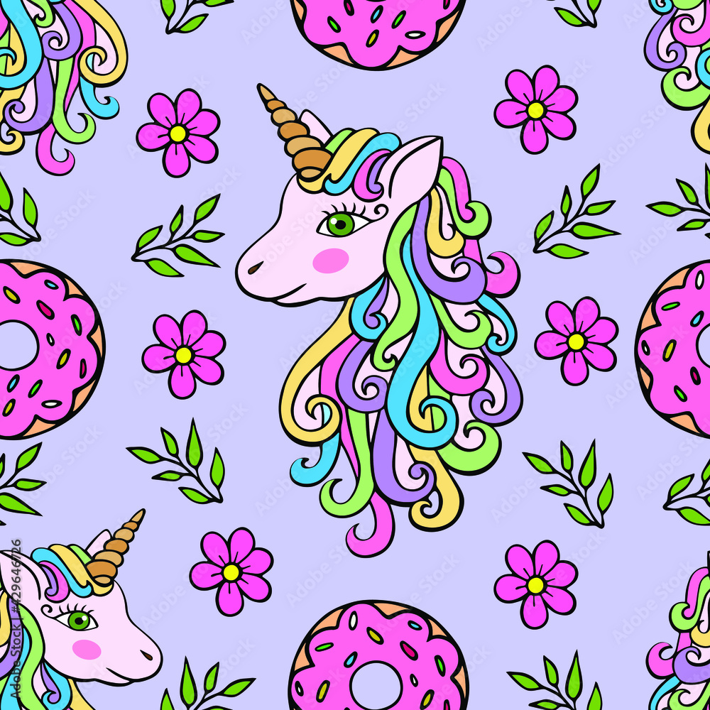 Obraz premium Cute seamless pattern with donuts, flowers and unicorn on a blue background.