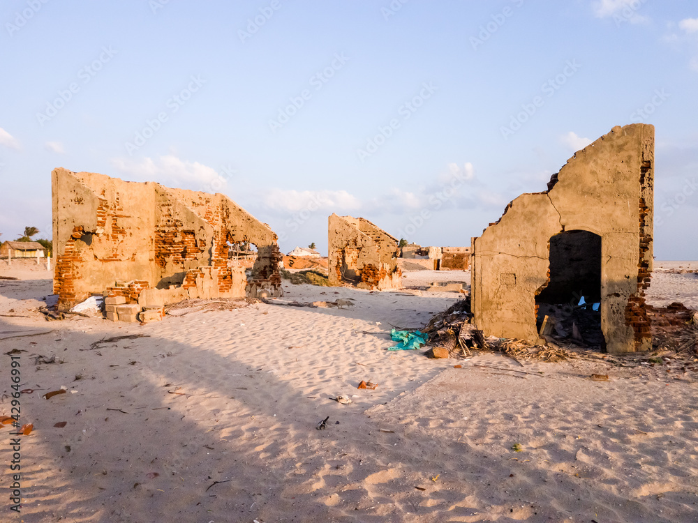 The ruins of old houses destroyed by the tsunami in the island of Dhanushkodi near the town of Rameswaram in Tamil Nadu, India.