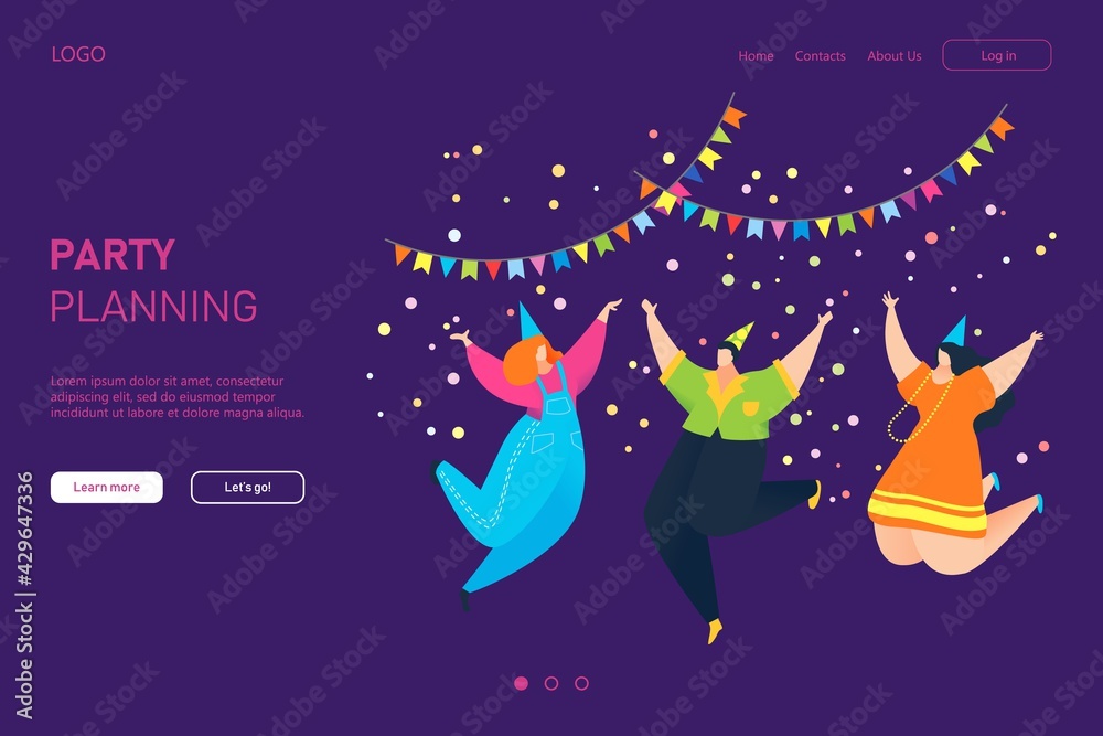 Celebrate party planning landing web banner, people character together jumping, birthday template banner flat vector illustration.