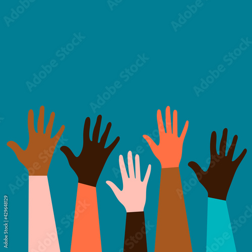 Hands of people of different nationalities and religions. Feminism concept design for cards, posters with blue background. Activists stick together. Voting in elections. 