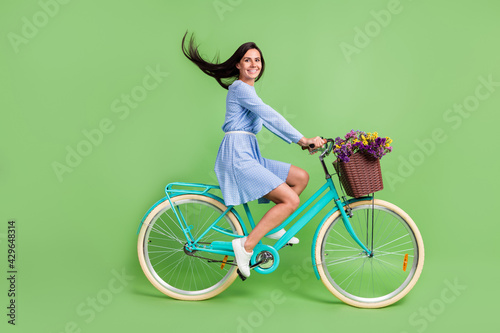 Fototapeta Naklejka Na Ścianę i Meble -  Photo of pretty funny young lady wear dotted clothes smiling driving bicycle isolated green color background