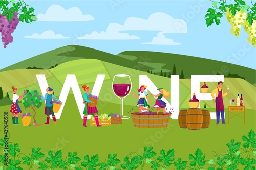 Grape farm field production alcohol wine, group farmer together work countryside fresh air landscape flat vector illustration.