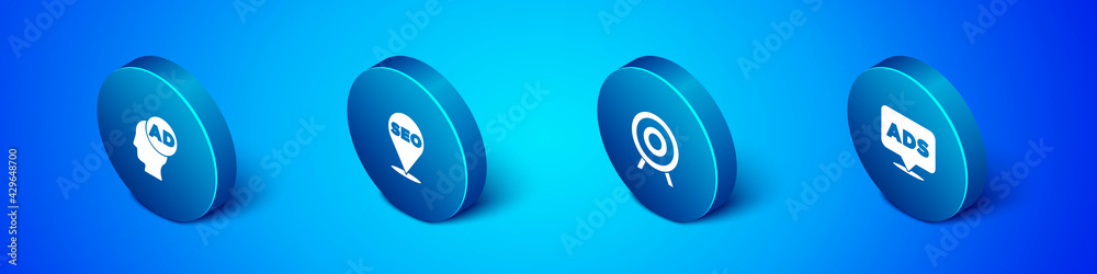 Set Isometric Advertising, Target sport, and SEO optimization icon. Vector Set Isometric Advertising, Target sport, and SEO optimization icon. Vector