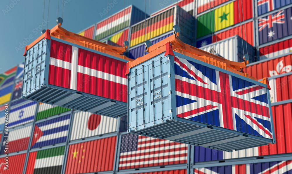 Freight containers with United Kingdom and Denmark national flags. 3D Rendering 