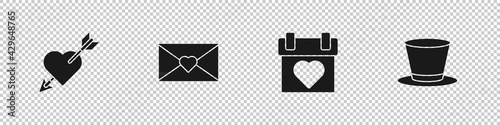 Set Amour with heart and arrow, Envelope Valentine, Calendar and Cylinder hat icon. Vector