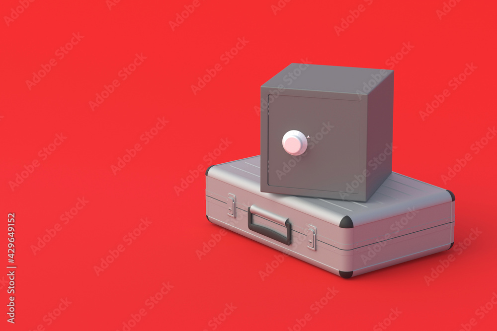 Obraz premium Metal suitcase near safe. Individual bank cells for storage secrecy documents or information. Trade secret. Investing in banking sector. Refinancing of financial institutions. Copy space. 3d render
