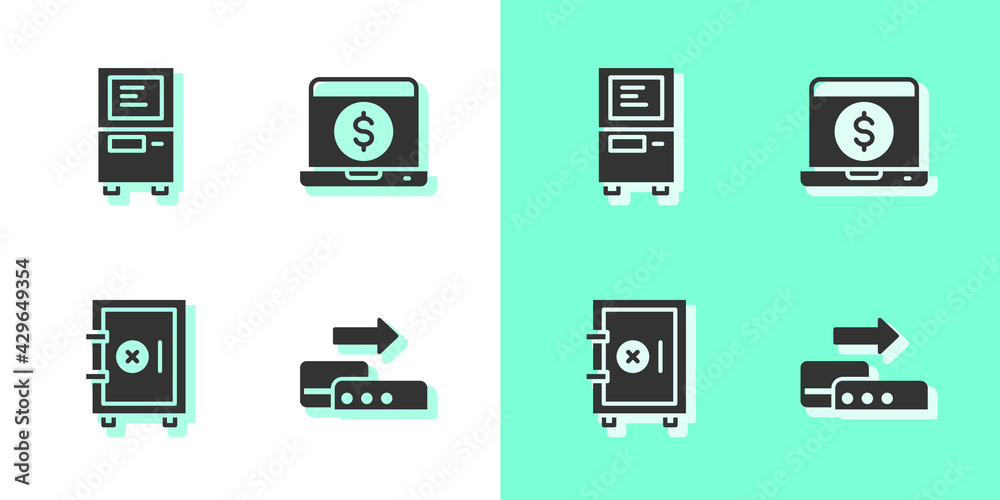 Set Pos terminal, ATM, Safe and Laptop with dollar icon. Vector