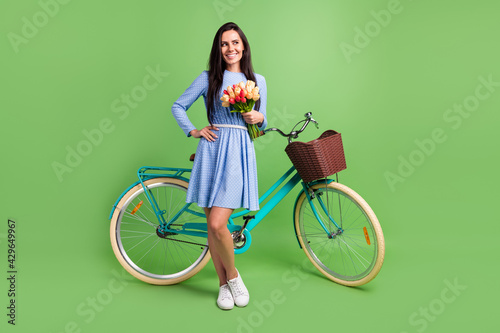 Photo of dreamy cute lady wear dotted clothes smiling holding bicycle fresh flowers looking empty space isolated green color background © deagreez