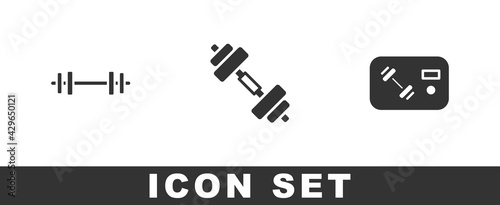 Set Barbell, Dumbbell and Fitness club, gym card icon. Vector