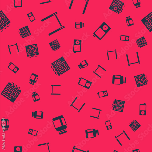 Set Sports nutrition, Horizontal bar, Calendar fitness and Music player on seamless pattern. Vector
