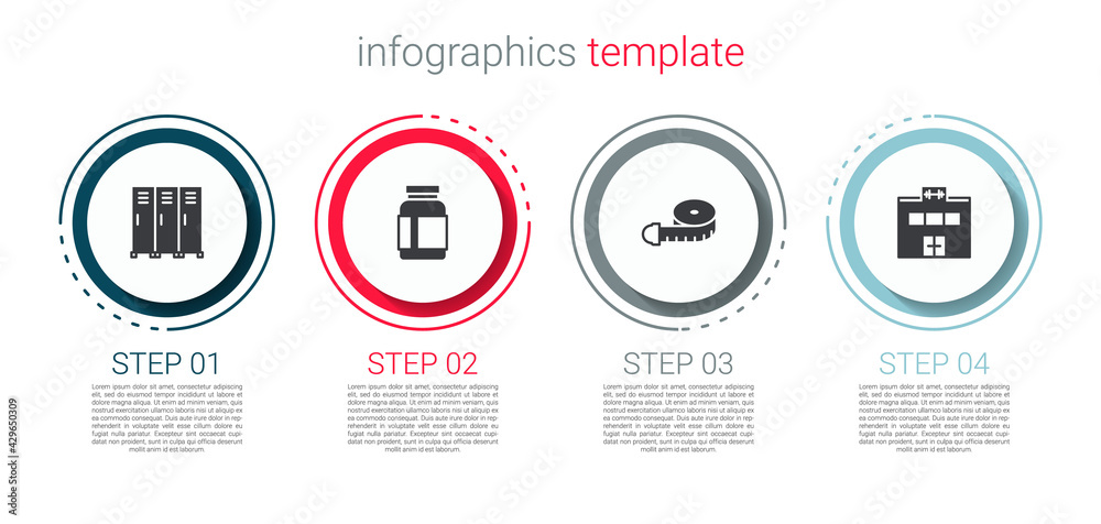 Set Locker or changing room, Sports nutrition, Tape measure and Gym building. Business infographic template. Vector Set Locker or changing room, Sports nutrition, Tape measure and Gym building. Business infographic template. Vector