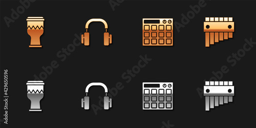 Set Drum, Headphones, machine and Pan flute icon. Vector