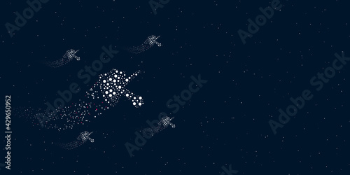 A ball bounces off the shield symbol filled with dots flies through the stars leaving a trail behind. There are four small symbols around. Vector illustration on dark blue background with stars
