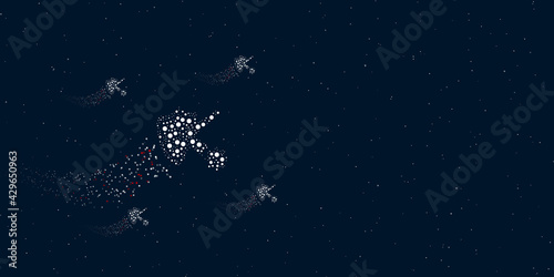 A virus bounces off the shield symbol filled with dots flies through the stars leaving a trail behind. There are four small symbols around. Vector illustration on dark blue background with stars