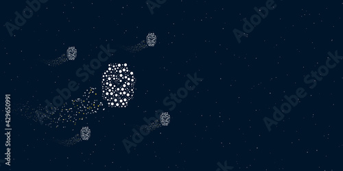 A smart watch symbol filled with dots flies through the stars leaving a trail behind. There are four small symbols around. Vector illustration on dark blue background with stars