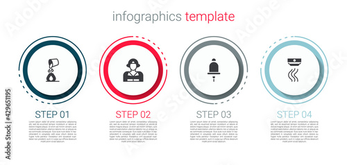 Set Bucket extinguishing fire, Firefighter, Ringing alarm bell and Smoke system. Business infographic template. Vector