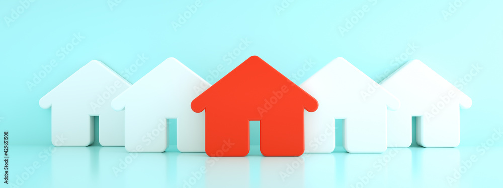 Red house among white houses, hunting and searching concept, 3d render, panoramic image Red house among white houses, hunting and searching concept, 3d render, panoramic image