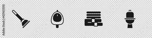 Set Rubber plunger, Toilet urinal or pissoir, Towel stack and bowl icon. Vector