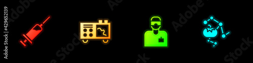 Set Syringe, Spectrometer, Laboratory assistant and Genetically modified food icon. Vector