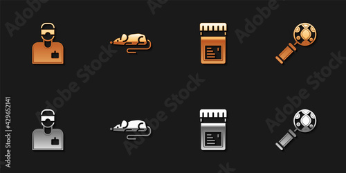 Set Laboratory assistant, Experimental mouse, Jar with additives and DNA research, search icon. Vector