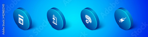 Set Isometric Jar with additives, Virus, Syringe and Test tube flask on fire icon. Vector