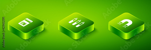 Set Isometric Reagent bottle, Magnet and Jar with additives icon. Vector