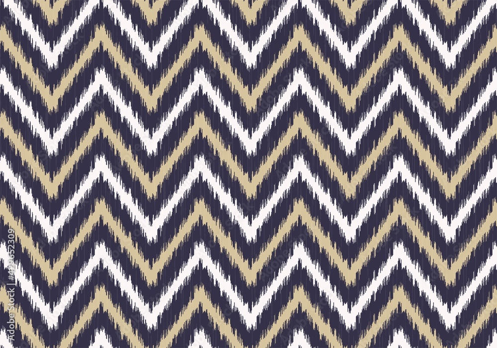 Vector modern ikat zig zag or chevron geometric shape with contemporary blue and yellow gold color seamless pattern background. Use for fabric, textile, interior decoration elements, wrapping.