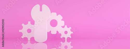 Wrench and gear icon over pink background, repair concept, 3d render, panoramic mock-up