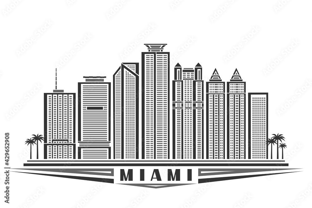 Vector illustration of Miami, monochrome horizontal poster with outline design famous miami city scape, urban line art concept with unique decorative letters for black word miami on white background.