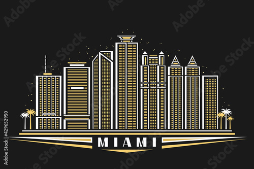 Vector illustration of Miami  horizontal poster with outline design illuminated miami city scape  american urban line art concept with decorative lettering for word miami on dark dusk background.