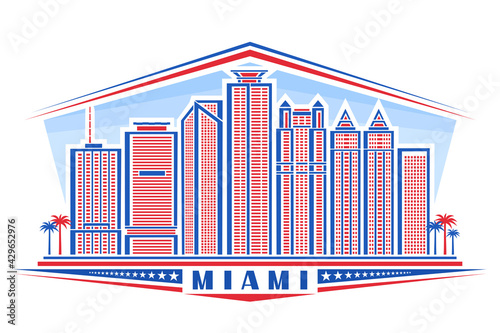 Vector illustration of Miami, horizontal poster with outline design miami city scape on day sky background, red urban line art concept with unique letters for blue word miami, decorative stars in row