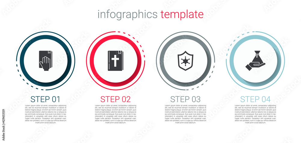 Set Oath on the Holy Bible, bible book, Police badge and Bribe money bag. Business infographic template. Vector Set Oath on the Holy Bible, bible book, Police badge and Bribe money bag. Business infographic template. Vector