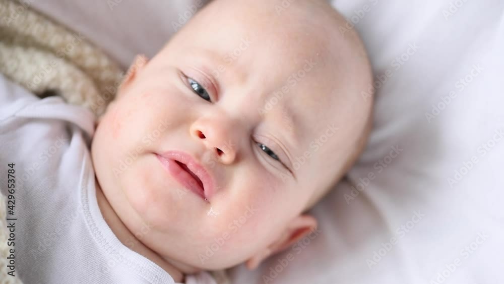 portrait of awake fussy baby infant close-up view high angle portrait of awake fussy baby infant close-up view high angle