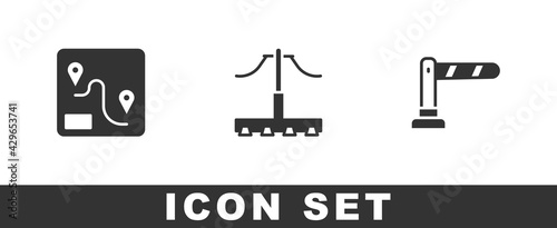 Set Route location, Railway and barrier icon. Vector