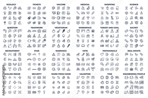 384 modern thin line icons. High quality pictograms. Linear icons set of question, Real Estate, Recruitment, sachet, etc symbol template for graphic and web design collection logo vector illustration