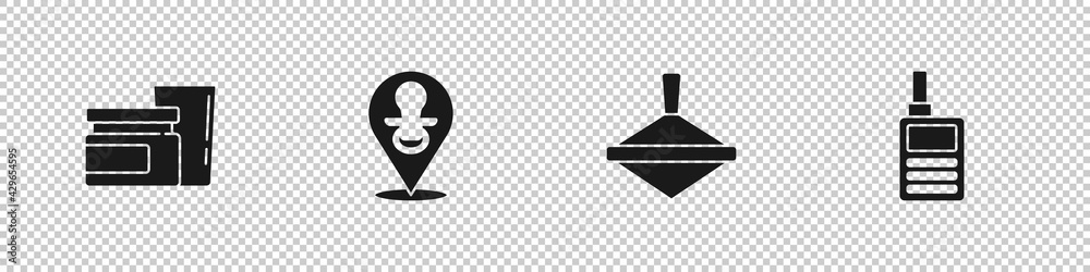 Set Baby food, dummy pacifier, Whirligig toy and Monitor Walkie Talkie icon. Vector Set Baby food, dummy pacifier, Whirligig toy and Monitor Walkie Talkie icon. Vector
