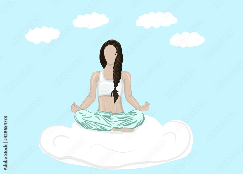 Woman meditating , concept of a healthy lifestyle, mental health, relaxation. Illustration in flat cartoon style.