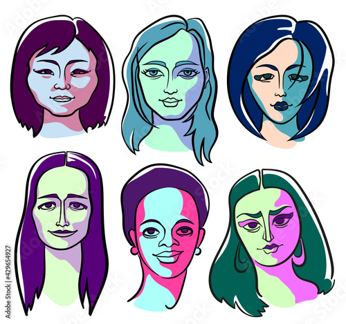 Six female faces of different types of appearance. Color portraits in the style of Suprematism.