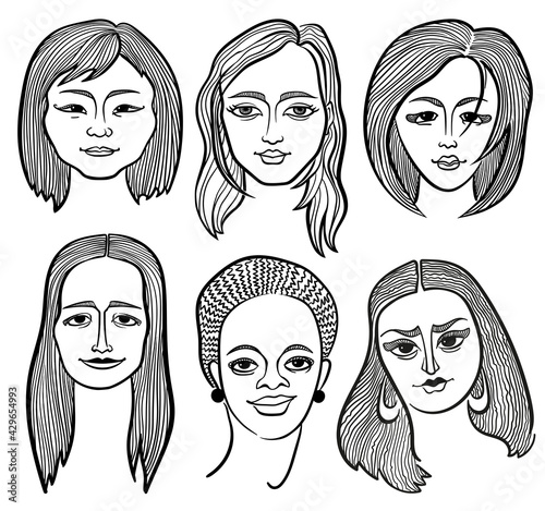 Six female faces of different appearances. Black and white linear portraits