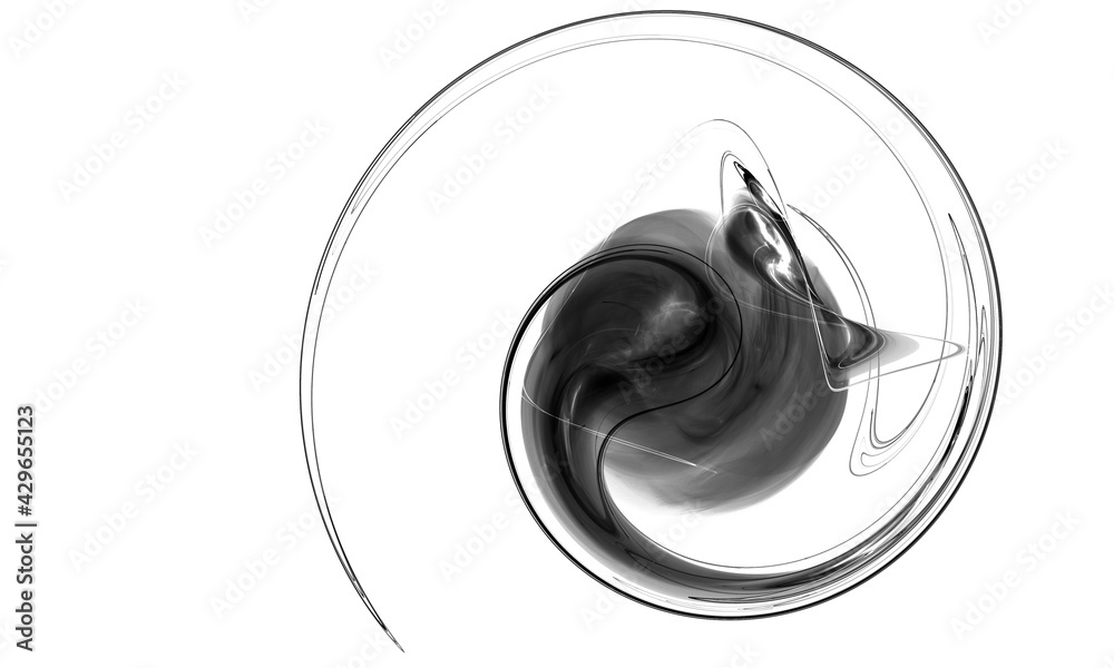 Black or metallic gray monochromatic twirl or swirl rotating on white background. Circulation of spiral. Abstract and minimal digital illustration. Great as music or sound design element or blank. Black or metallic gray monochromatic twirl or swirl rotating on white background. Circulation of spiral. Abstract and minimal digital illustration. Great as music or sound design element or blank.