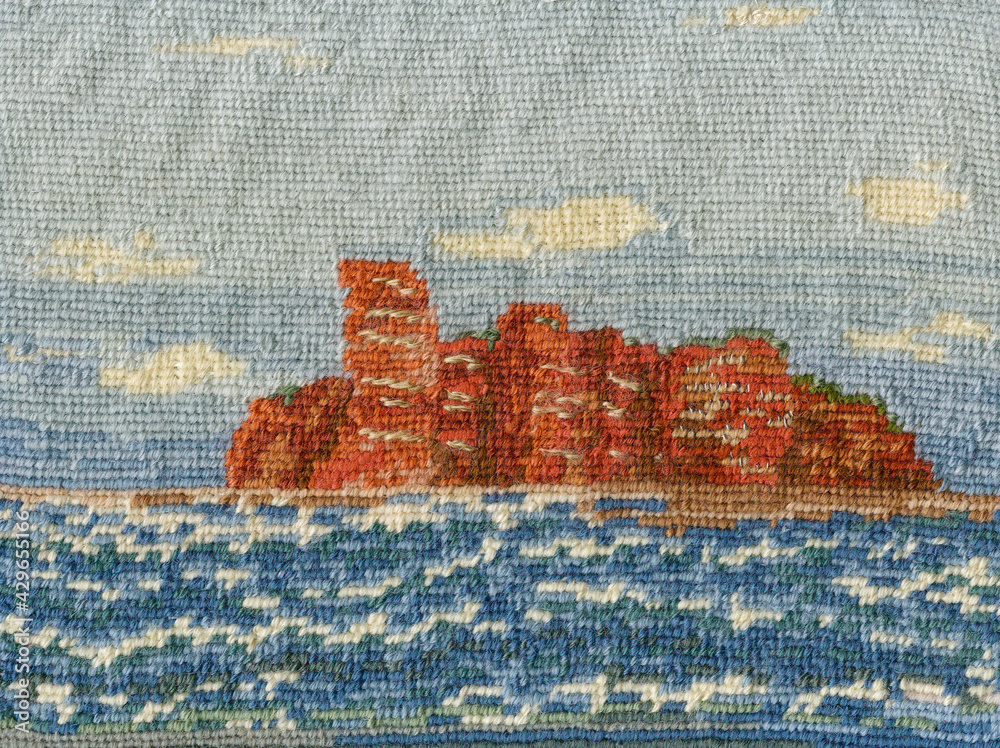 Helgoland island insel art kunst handarbeit cross stitch stickerei sticken  vintage retro alt old meer ocean sea felsen rock wolken himmel sky lange  anna Photos | Adobe Stock