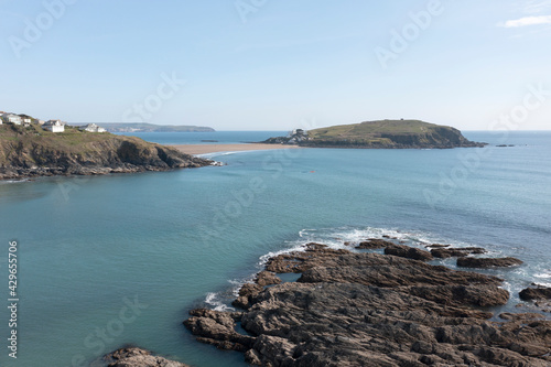 Burgh Island at low tide, Bigbury, South Devon. When the tide is in the island is only accessible by a purpose built tractor.