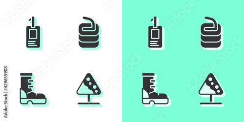 Set Road sign avalanches, Identification badge, Waterproof rubber boot and Stone for curling icon. Vector