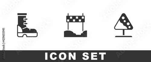 Set Waterproof rubber boot, Ribbon in finishing line and Road sign avalanches icon. Vector