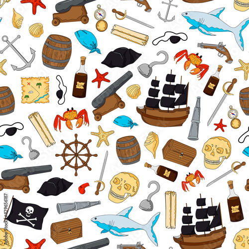 Wallpaper for children in cartoon style. Colorful sea elements. Template for wallpaper, wrapping, textile, fabric.