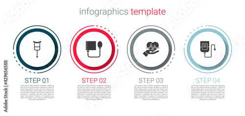 Set Crutch or crutches, Blood pressure, Heart rate and IV bag. Business infographic template. Vector