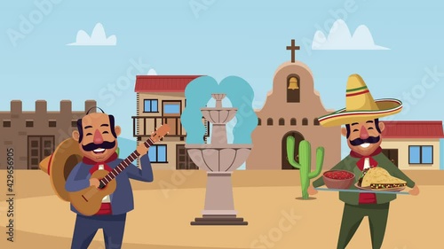 mexican mariachis with guitar and food